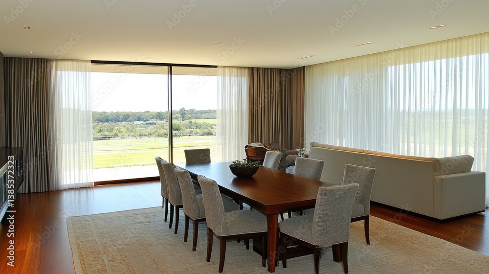 Fototapeta premium Large curtain panels drawn to one side letting indirect sunlight in