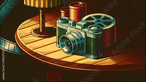 Vintage Camera and Film Reel Still Life