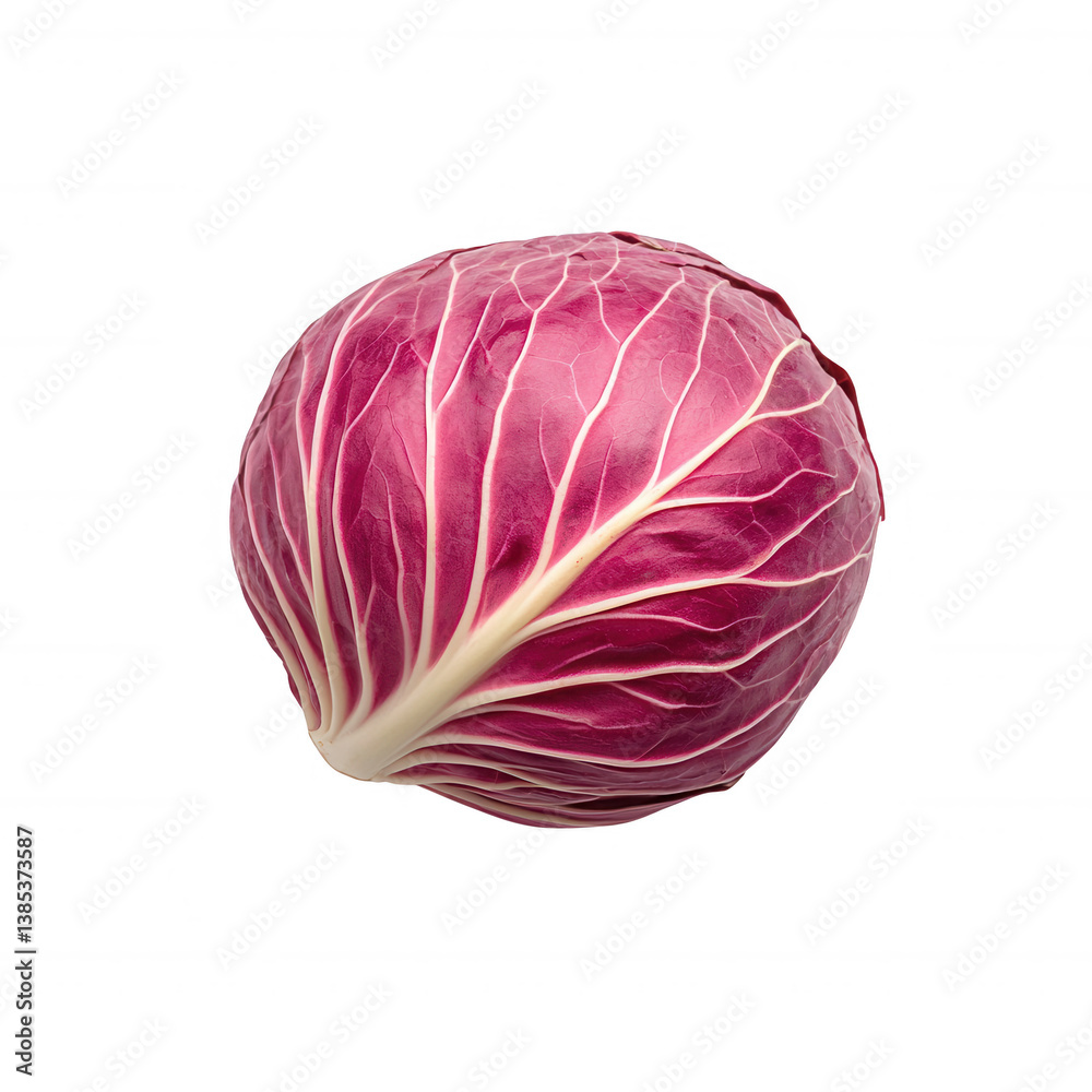 Obraz premium Fresh red cabbage with visible veins on a white isolated background, perfect for healthy recipes, salads, and natural food presentations.