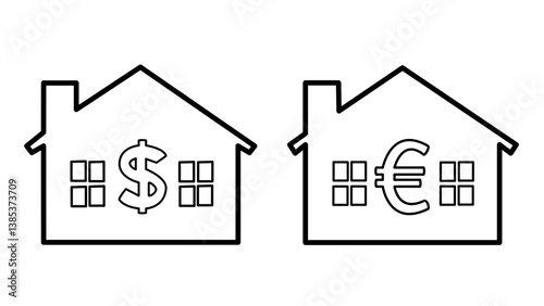 Black line vector illustration of two houses, one with a dollar sign and the other with a euro symbol inside. Conceptual image representing home finance, domestic economy, savings