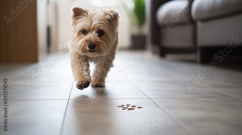 Small terrier dog walking on tiled floor