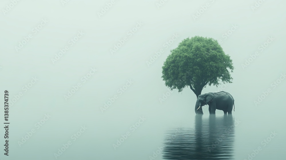 Elephant standing peacefully in calm shallow water near a tree under misty morning light