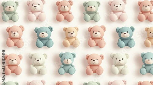 Seamless animation of pastel teddy bears rotating on soft background.