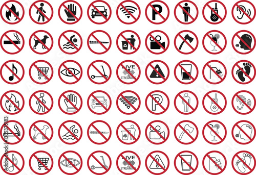 Set of prohibition flat, outline icons. Red prohibition circle no fire, walk, parking, bathing, smoking, animals, knife, camera, music, bicycle, shower, drinking etc symbols on transparent background.