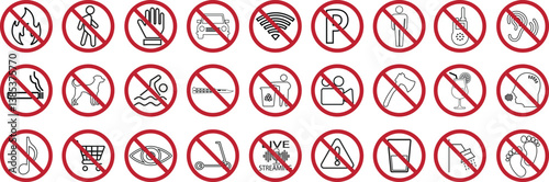 Set of prohibition outline icon. Red prohibition circle no fire, walk, parking, bathing, smoking, animal, knife, camera, music, bicycle, shower, drinking etc symbol isolated on transparent background.