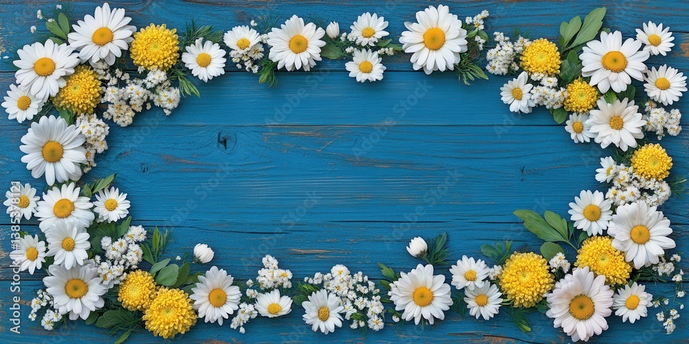 Obraz premium Bright daisies and yellow flowers arranged against blue wooden texture