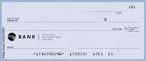 Bank check, vector blank money cheque, checkbook template with guilloche pattern and fields. Currency payment coupon, money check background