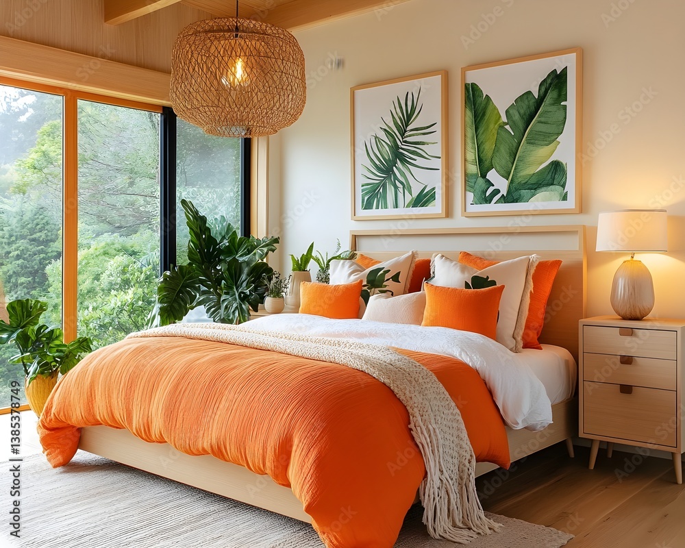 A relaxing bedroom styled with soft pastel colors and tropical-themed accents, combining comfort and exotic flair for a serene retreat.