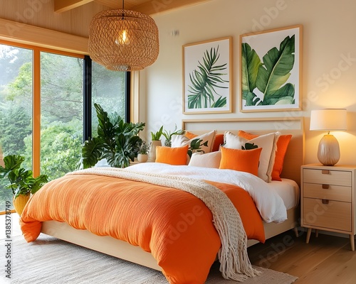 Obraz na płótnie A relaxing bedroom styled with soft pastel colors and tropical-themed accents, combining comfort and exotic flair for a serene retreat. w salonie