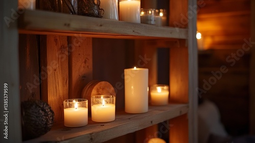 Warm candlelit shelves with various wax candles creating cozy ambiance