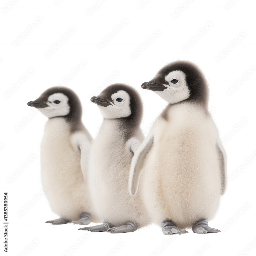 Obraz premium Three adorable fluffy penguin chicks standing closely together on a white background, showcasing their soft feathers and playful nature.