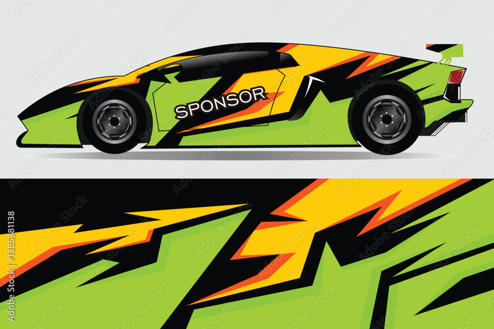 Vibrant racing car with dynamic design showcasing sponsor branding in a sleek profile view