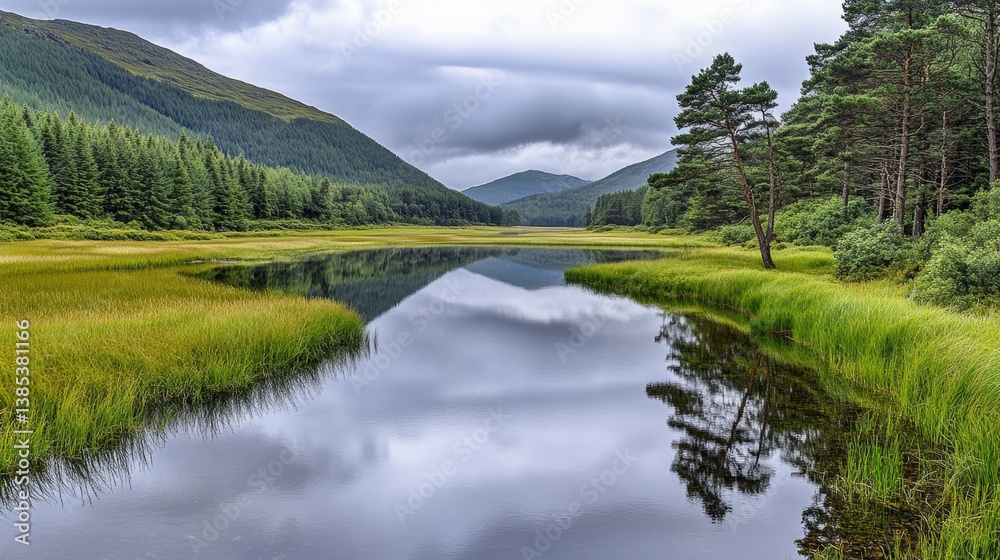 Fototapeta premium A tranquil loch opening into the sea in the Scottish Highlands, surrounded by misty mountains and pine trees