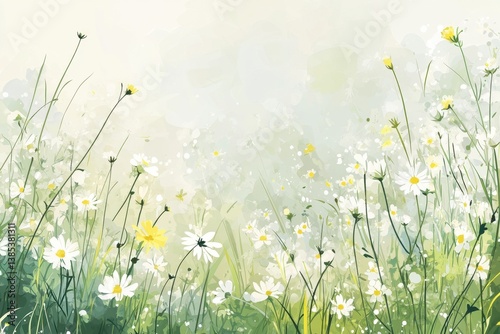 Watercolor painting of white daisies and green grass in a field