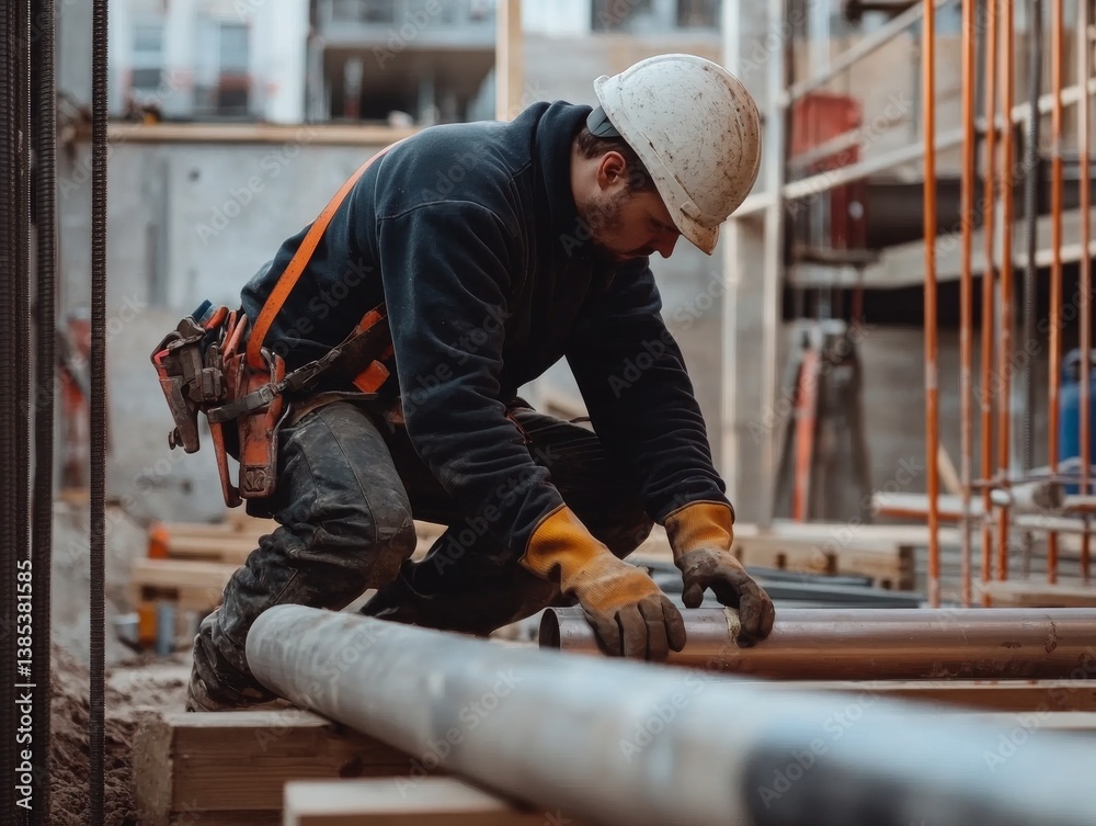 A construction worker installing pipes at a building site. Featuring precision and expertise A construction worker installing pipes at a building site. Featuring precision and expertise