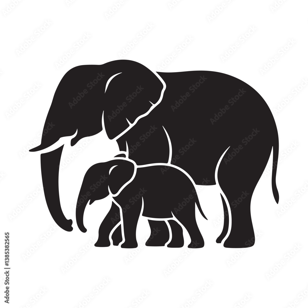 Elephant silhouette vector illustration with adult and baby elephants in a wildlife design Elephant silhouette vector illustration with adult and baby elephants in a wildlife design