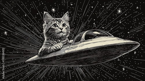 Fototapeta Naklejka Na Ścianę i Meble -  Detailed sketch cat exploring ufo high resolution images