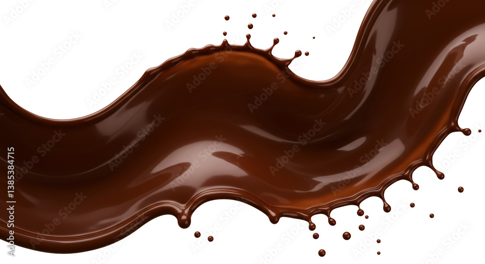 A decadent wave of rich, dark chocolate cascading across a white backdrop, its glossy surface reflecting light in a mesmerizing dance of delicious fluidity. A decadent wave of rich, dark chocolate cascading across a white backdrop, its glossy surface reflecting light in a mesmerizing dance of delicious fluidity.