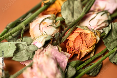 Bouquet of dried roses. Warm autumn shades and nostalgic atmosphere.