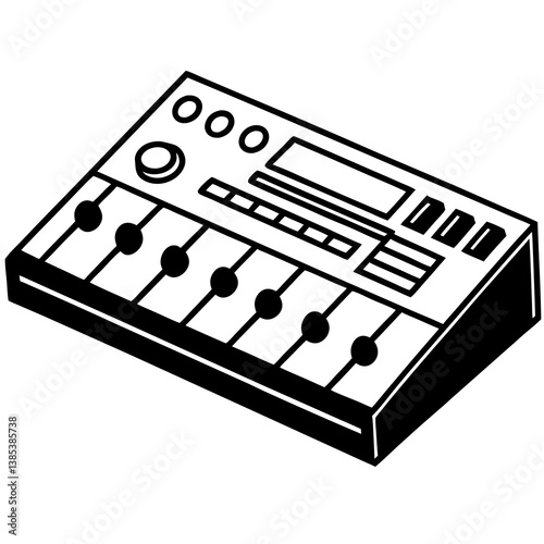 Digital synthesizer with glowing button line art vector illustration 