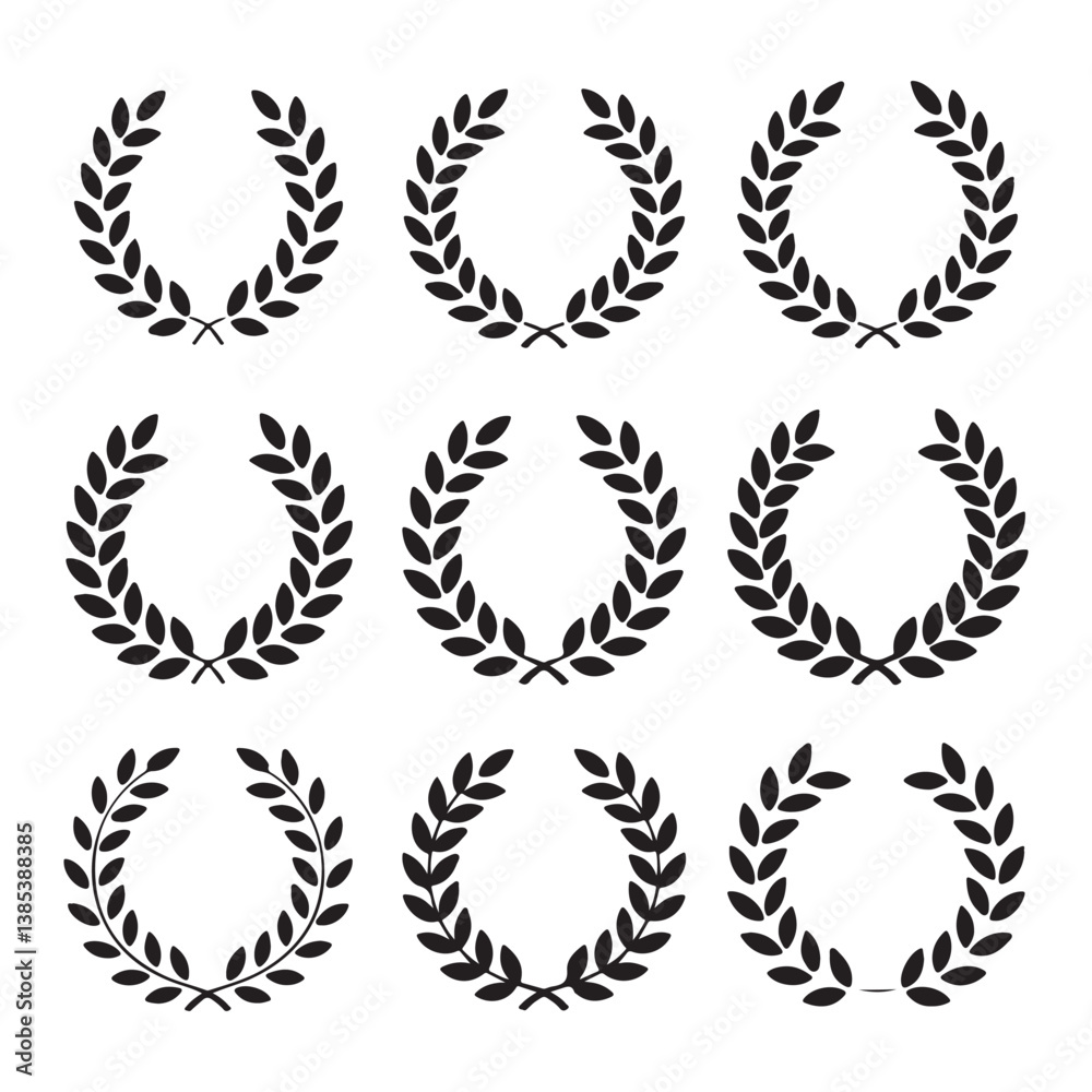 Set of black laurel wreath icons in various styles – vector collection of victory, achievement, and award symbols for design, branding, certificates, and classical decoration elements Set of black laurel wreath icons in various styles – vector collection of victory, achievement, and award symbols for design, branding, certificates, and classical decoration elements
