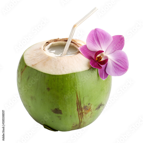 Coconut water with orchid garnish isolated on transparent background