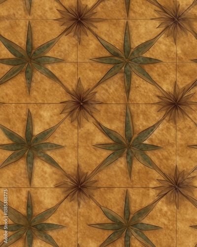 Ornate, repeating floral pattern on a textured, light brown surface tile pattern