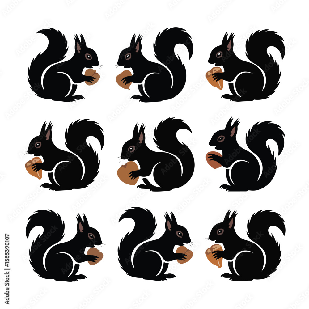 Set of black squirrel silhouettes in various poses holding acorns – minimal vector illustration of woodland animals for nature, wildlife, forest, or fall design concepts Set of black squirrel silhouettes in various poses holding acorns – minimal vector illustration of woodland animals for nature, wildlife, forest, or fall design concepts