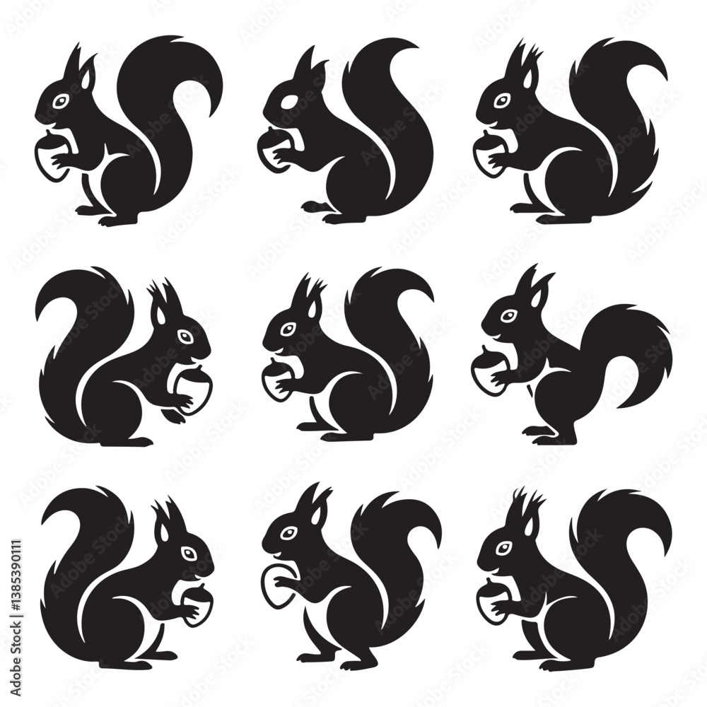 Naklejka premium Set of black squirrel silhouettes in various poses holding acorns – minimal vector illustration of woodland animals for nature, wildlife, forest, or fall design concepts