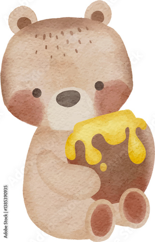 Cartoon Vector of Cute Bear Holding Honey Jar