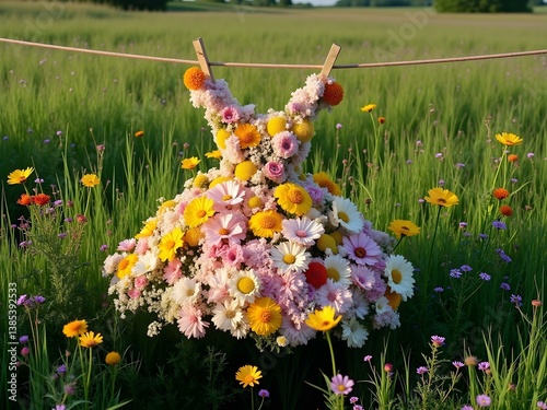 Green meadow with short cocktail dress made from real flowers laid out in the sun.