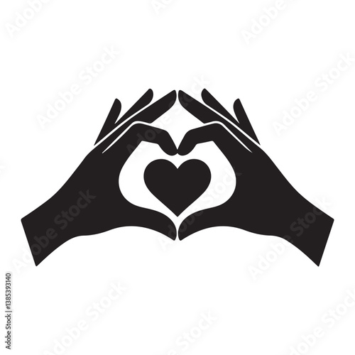  Silhouette of hands forming a heart shape with fingers – black vector illustration symbolizing love, support, unity, care, and compassion in a minimalist style