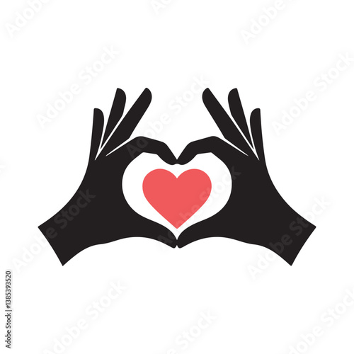  Silhouette of hands forming a heart shape with fingers – black vector illustration symbolizing love, support, unity, care, and compassion in a minimalist style