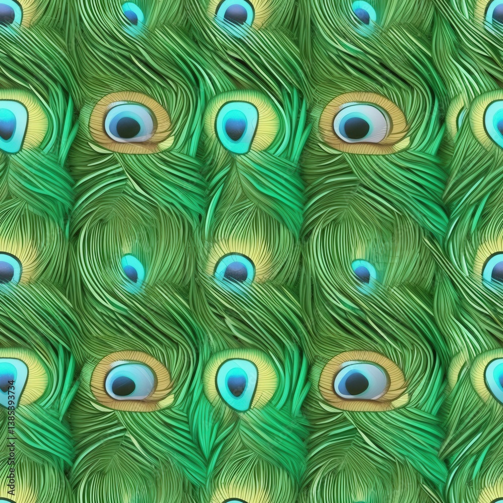 Obraz premium Peacock Feathers Pattern Detailed, Vibrant, Green. Close-up. Background Repeating design tile pattern