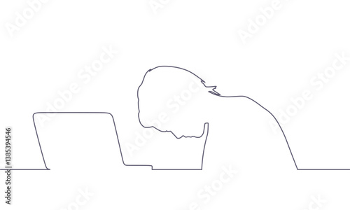 Young woman working on laptop. Person suffering from head migraine. Stressed exhausted young woman having strong headache. Concept of life and work balance.