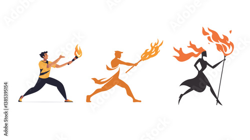 Dynamic and captivating vector graphic design featuring a fire juggler with torches, performing a skillful and daring display of fire juggling. The illustration showcases the intense movement, 