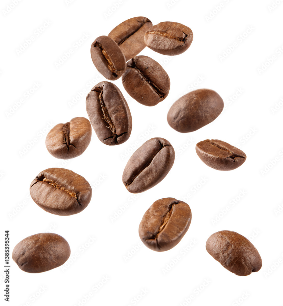 Obraz premium Flying coffee beans isolated on transparent background