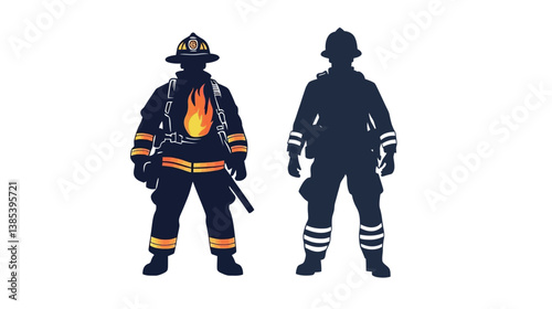 Strong and heroic vector graphic design featuring the silhouette of a firefighter man in action, representing courage, determination, and bravery. 