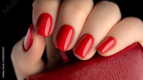 A close-up of perfectly manicured hands showcasing glossy red nails against a dark background, highlighting elegance and style.