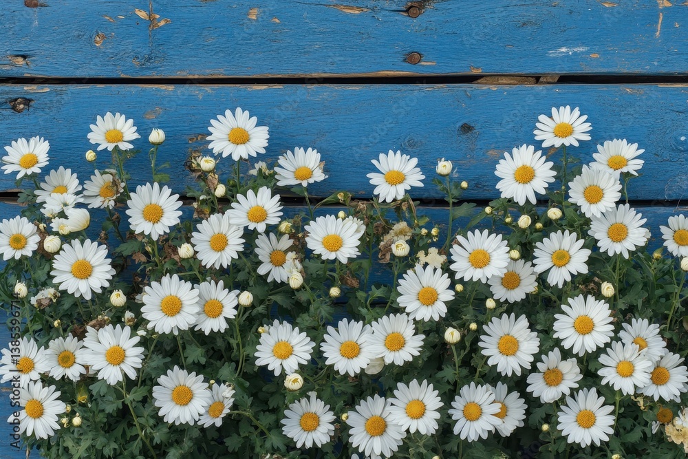 Fototapeta premium Daisies Blooming Against Weathered Blue Wooden Plank Background