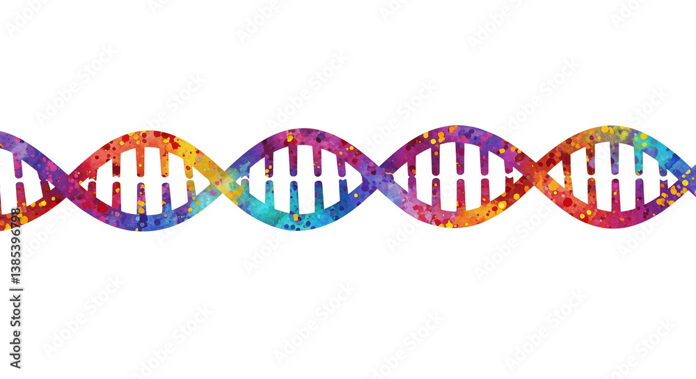 A vibrant, colorful DNA double helix symbolizes the wonder of genetic code and the mysteries of life, depicted in a watercolor-like style with a splash of rainbow hues. A vibrant, colorful DNA double helix symbolizes the wonder of genetic code and the mysteries of life, depicted in a watercolor-like style with a splash of rainbow hues.