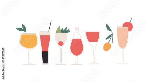 Colorful and appetizing vector graphic design showcasing a variety of food and drink elements, including beverages, fruits, meals, and desserts. This stylized illustration captures culinary diversity,