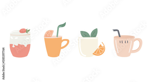 Colorful and appetizing vector graphic design showcasing a variety of food and drink elements, including beverages, fruits, meals, and desserts. This stylized illustration captures culinary diversity,