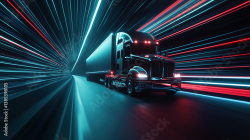 Black trucks speed through dark tunnels at night.