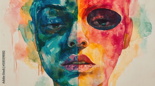 Vibrant Watercolor Portrait with Contrasting Facial Expressions and Emotions in Bold Colors