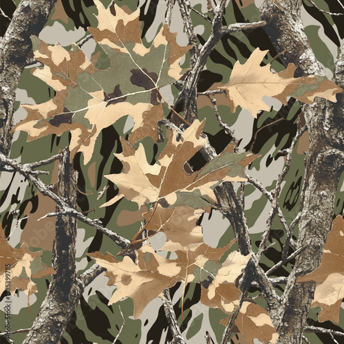 Vector hunting camouflage seamless pattern design. Camouflage background. Deer hunting, forest, jungle texture. Realistic tree seamless pattern. Digital camouflage. Mossy oak