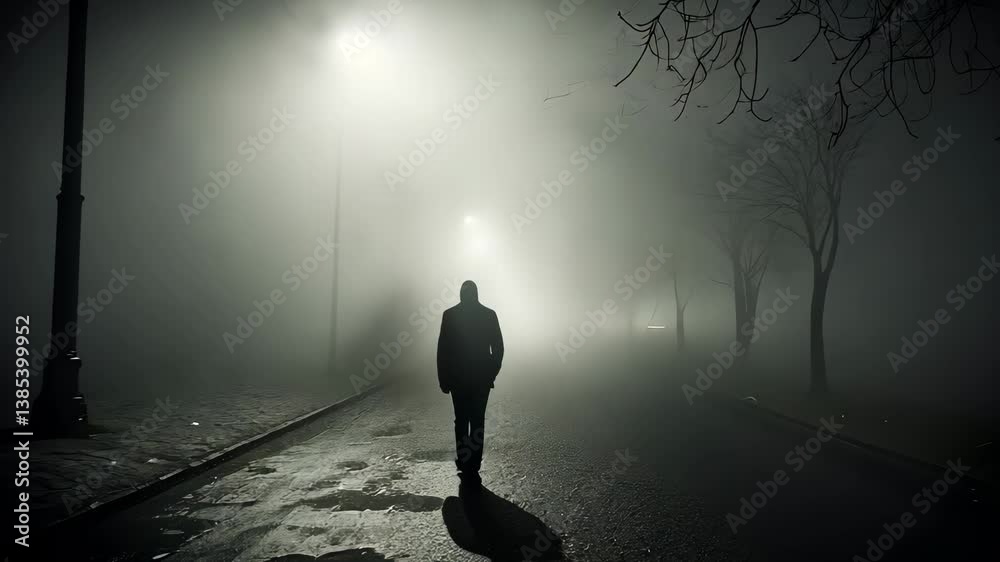 Silhouette of Man Walking Alone on a Foggy Night Street Silhouette of Man Walking Alone on a Foggy Night Street