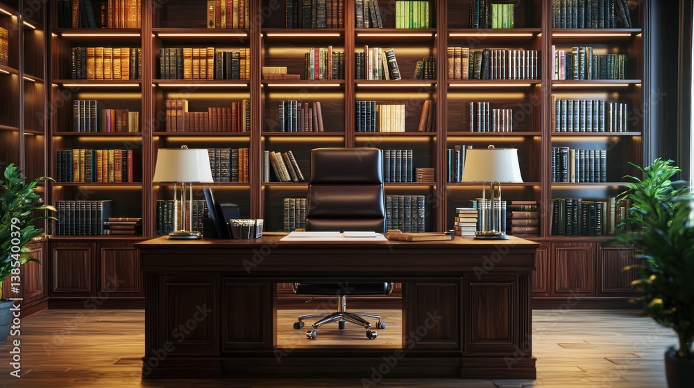 Fototapeta premium Elegant Study Room with Extensive Book Collection and Classic Furniture