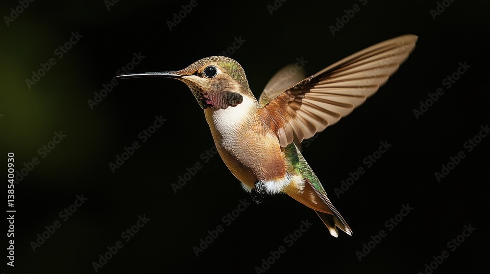 Fototapeta premium Hummingbird in flight against dark background. Possible use Nature photography