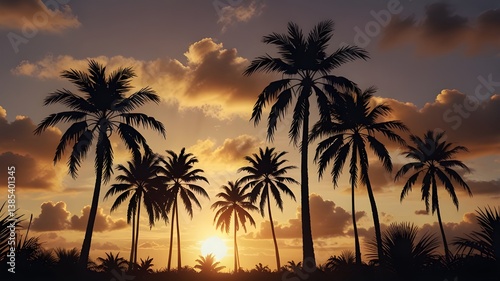 Group of palm tree silhouettes swaying in the wind
